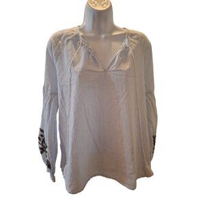 Who What Wear Womens Blouse M Blue Striped Long Sleeve Embroidered Cuffs Boho